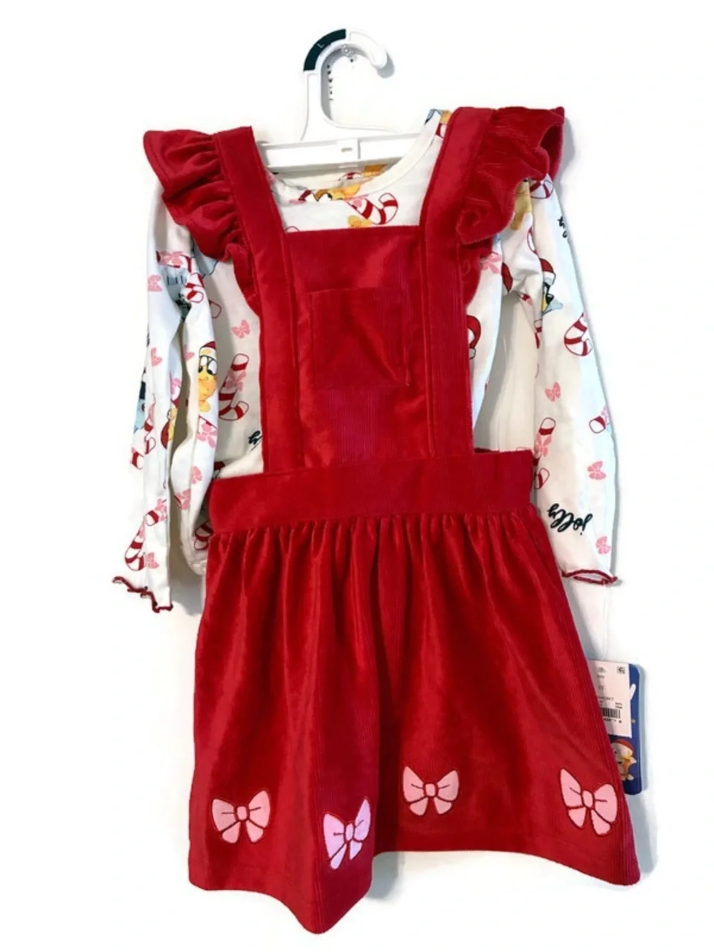 NWT BLUEY Red Corduroy Jumper Ruffle Dress 2 pc Outfit Girl’s Size 4T Pinafore